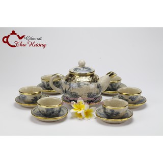 Bộ ấm chén Bát Tràng_Bộ bình trà men rạn giả cổ bọc đồng dáng Hồng