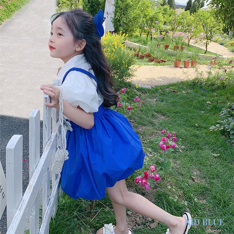 Bộ Áo Sơ Mi Phối Chân Váy Yếm Màu Xanh Dương Thời Trang Mùa Hè Xinh Xắn Cho Bé Gái