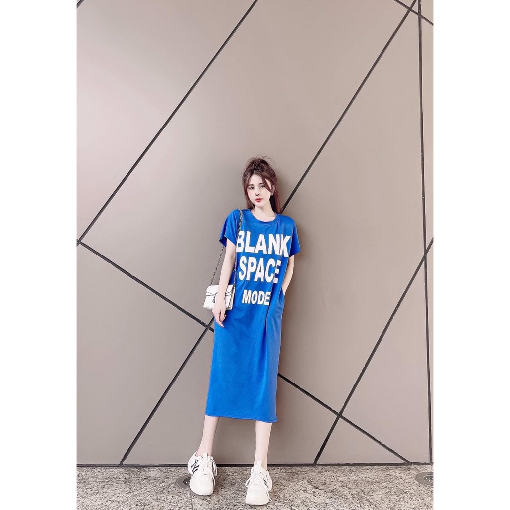 Đầm bầu suông dáng dài Váy bầu dáng suông nữ cổ tròn họa tiết chữ Blank chất thun cotton