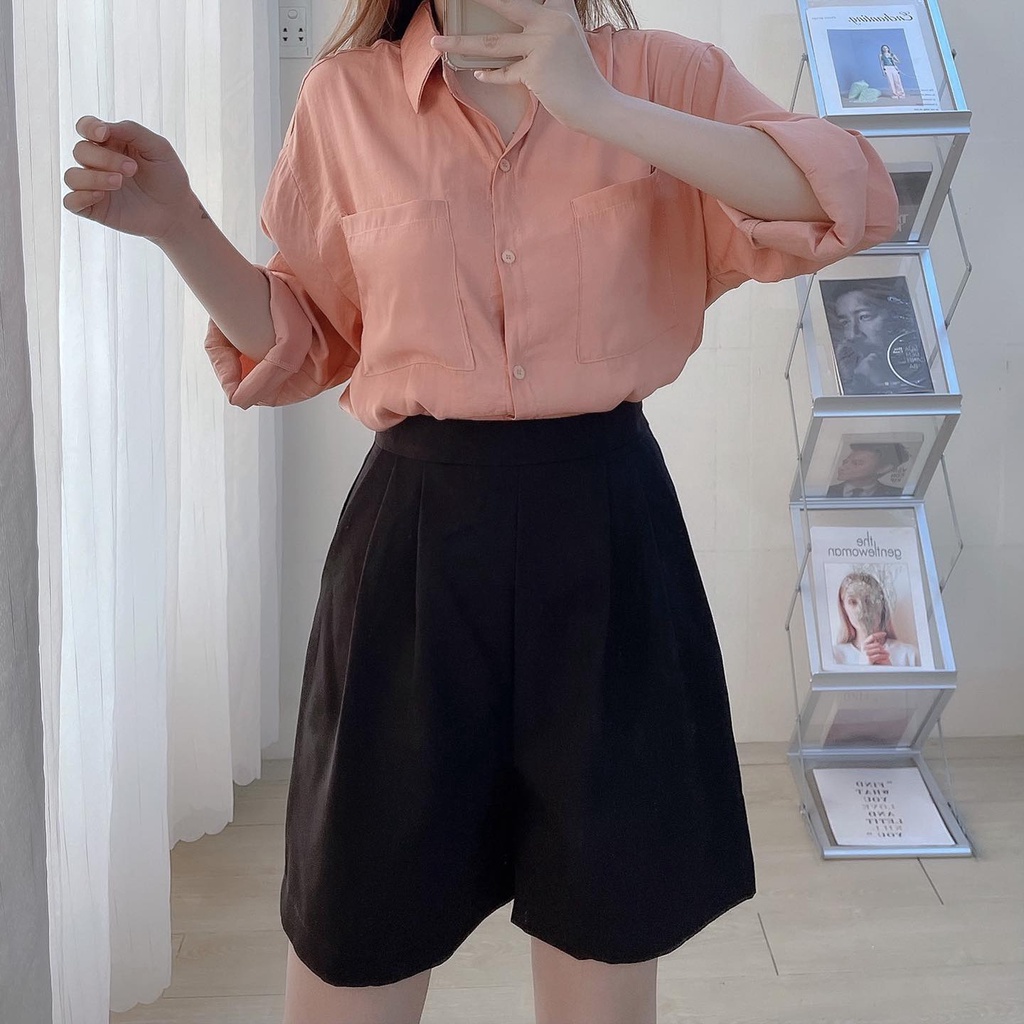 Quần short nữ li eo 02 lưng cao ống rộng chất kate lụa cao cấp CHIBEST AQA112