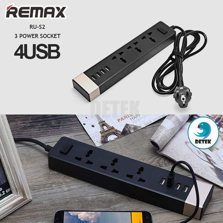 Ổ Cắm Điện 3 Ổ Cắm, 4 USB, Chống Cháy, Chính Hãng REMAX, Ổ Cắm Thông Minh Đa Năng REMAX RU-S2, Dài 1.8m