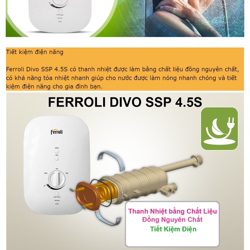 Máy nước nóng trực tiếp Ferroli Divo SSP 4.5S có bơm SSN ko bơm