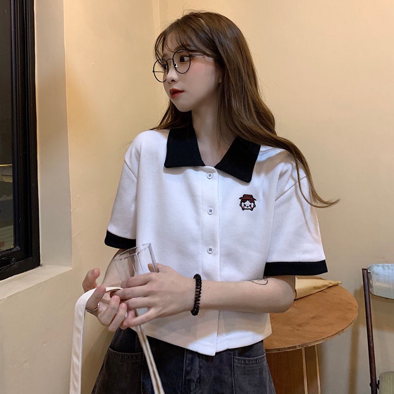Spot short-sleeved T-shirt T-shirt female 2021 new Japanese cute college style girl polo shirt lapel white T-shirt top with cotton short sleeves