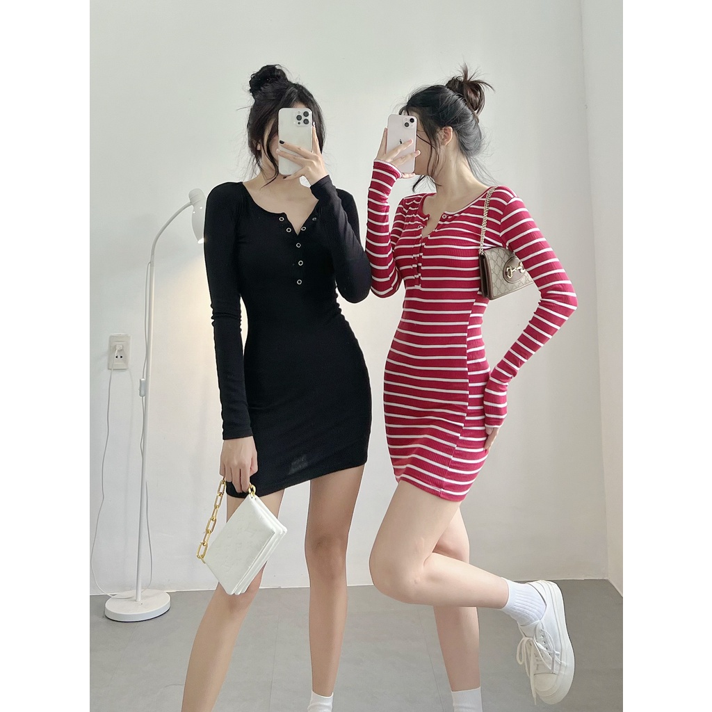 Đầm body nữ tay dài HHVINTAGE kiểu bấm nút Dress A14