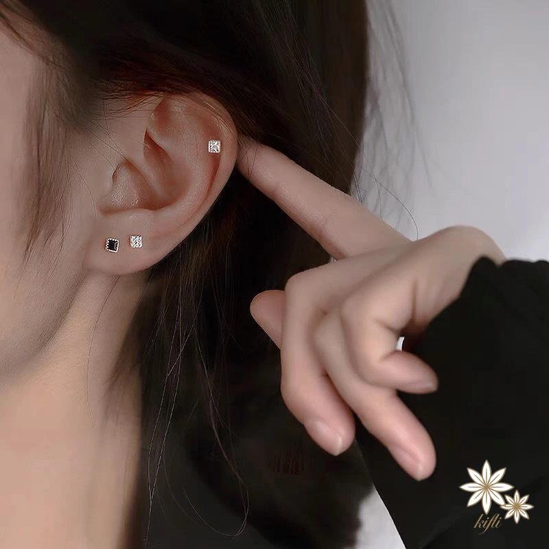 【kifli】Bông Tai Mạ Bạc 925 Hình Vuông Đính Đá Zircon Đơn Giản