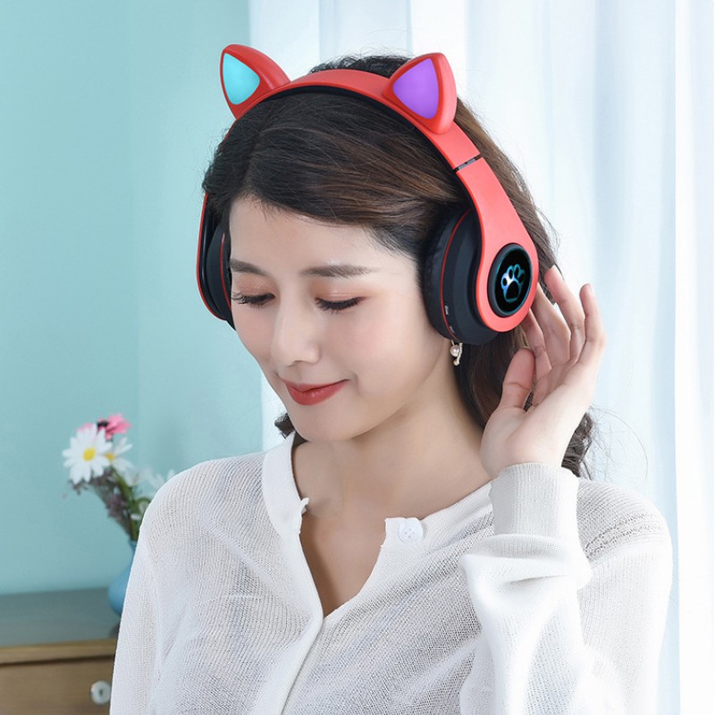Tai Nghe Bluetooth 5.0 Không Dây Hình Tai Mèo Có Đèn Led Kèm Mic Cho Máy Tính / Điện Thoại