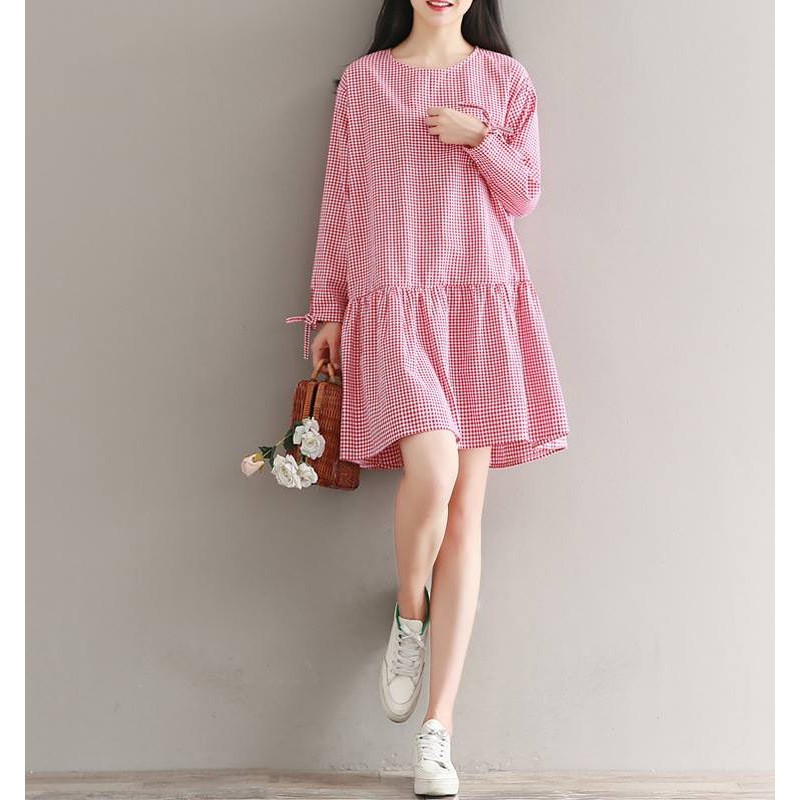 Váy bầu suông đuôi cá - Váy bầu mùa hè cổ tròn, tay lỡ. Hoạ tiết kẻ caro hồng xinh xắn dễ mặc