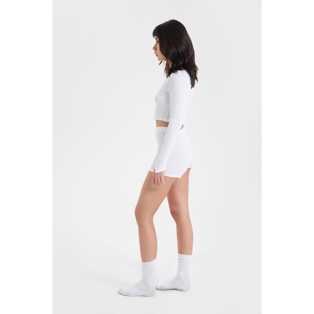 TheBlueTshirt - Áo Thun Tay Dài Nữ Màu Trắng - Long Sleeve Neckline Rib Cotton Top - White