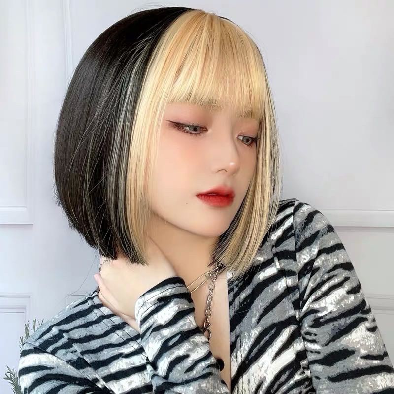 tóc giả nguyên đầu ❤️FREESHIP❤️vic đen phối mái line vàng jennie