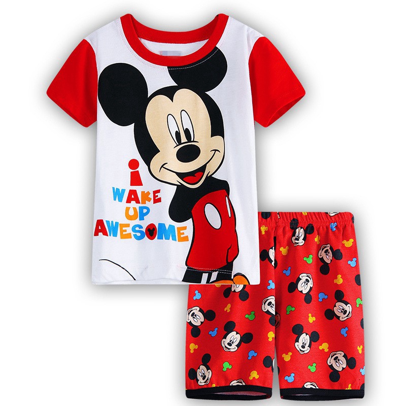 Bộ pijama ngắn tay in hình chuột Mickey + quần ngắn chất liệu cotton cho bé