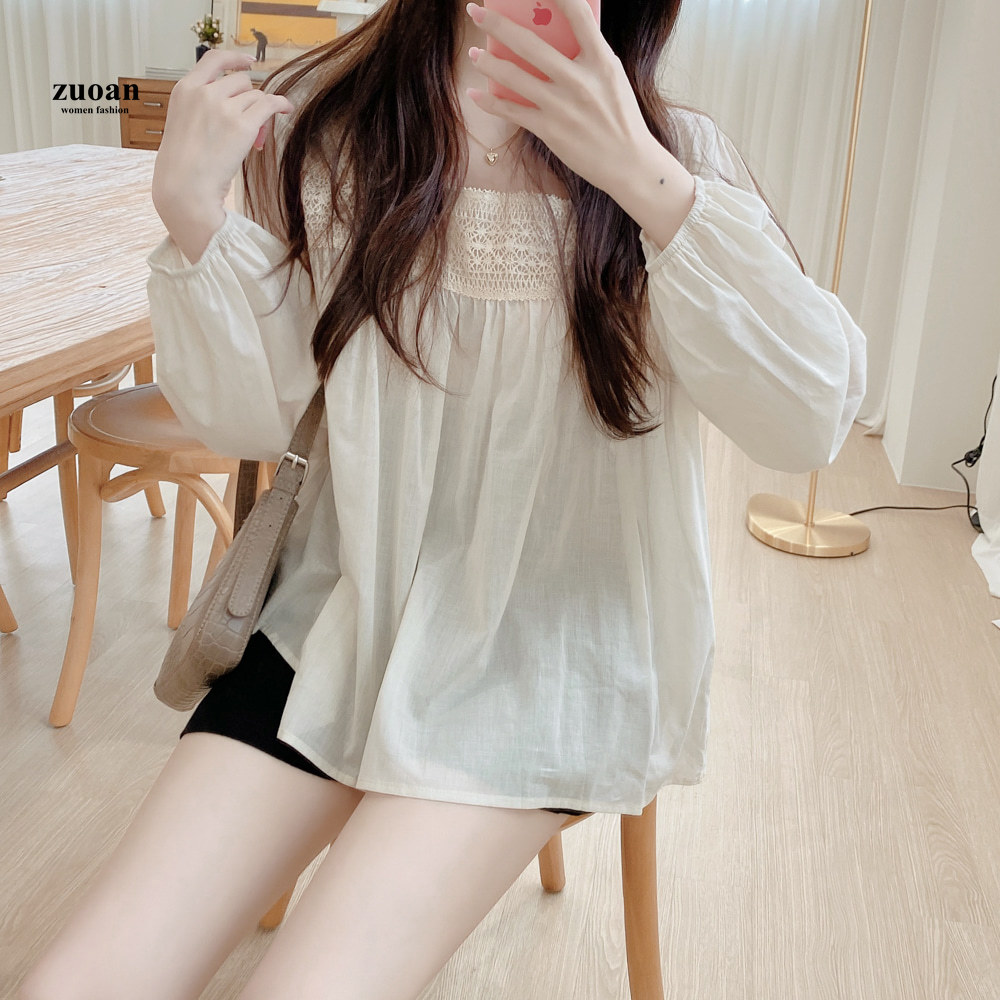 SUXI Áo tay dài phối ren thời trang quyến rũ cho nữ
