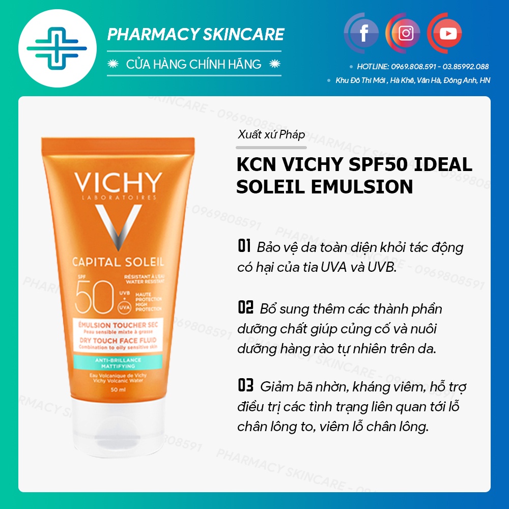 Kem chống nắng không gây nhờn rít không màu SPF50 Vichy Capital Soleil SPF50 Face Dry Touch 50ml