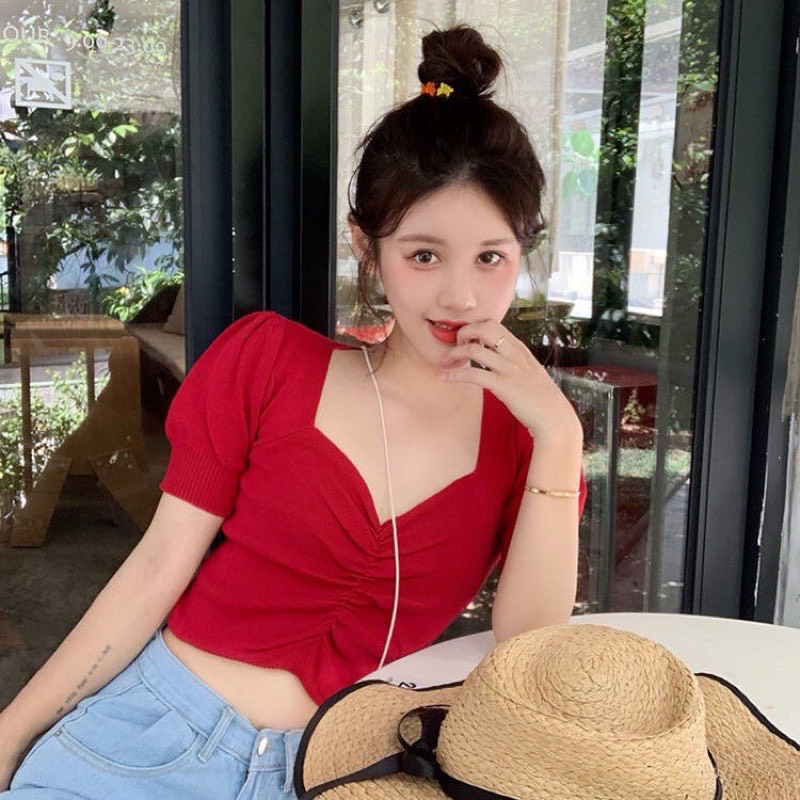 Áo dệt kim cổ V nhún ngực