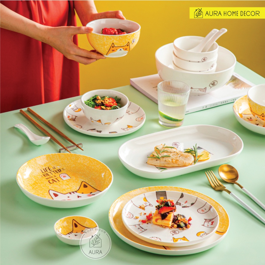 Bộ bát cơm, bát tô, đĩa hình mèo trắng vàng dễ thương - Chất liệu gốm sứ men bóng cao cấp