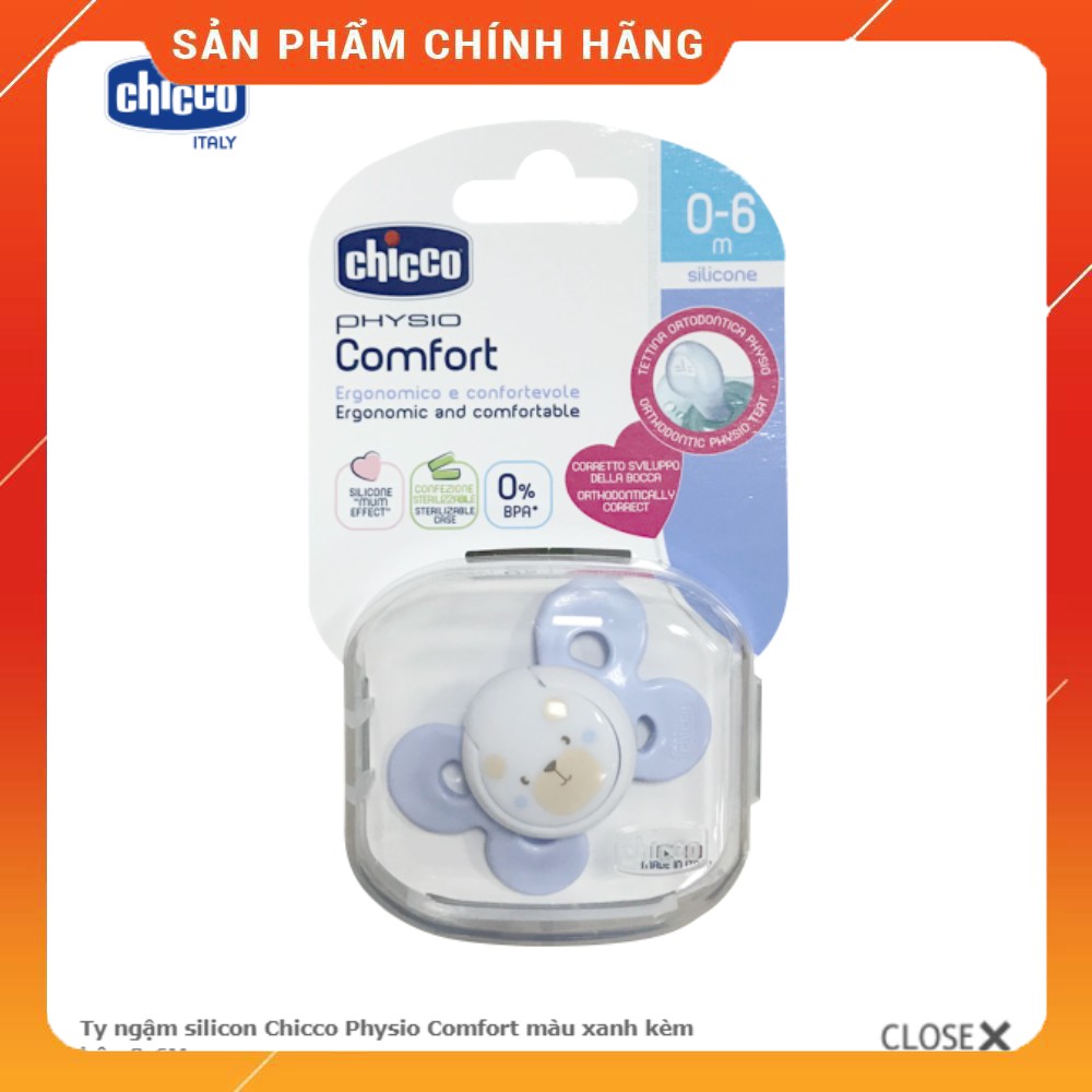 114284 Ty ngậm silicon Chicco Physio Comfort màu xanh kèm hộp 0-6M