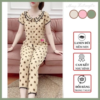 Đồ Bộ Nữ Mặc Nhà Vải Linen Lụa Cổ Tim Tay Ngắn Quần Lửng Dài Chấm Bi,Bộ Đồ Ngủ Đũi Mặc Sau Sinh Ở Nhà Mềm Mát Không Nhăn