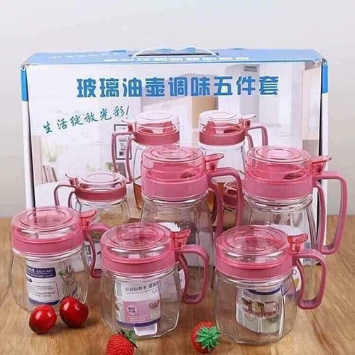 Set bộ 5 lọ thủy tinh đựng gia vị có tay cầm