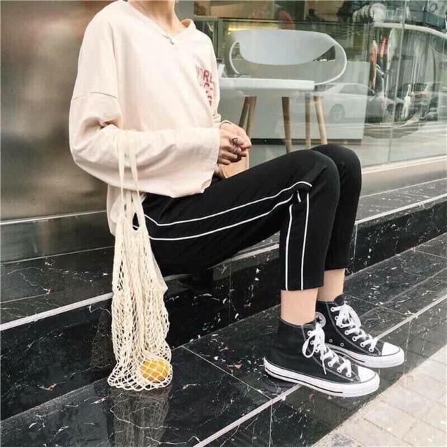 Quần jogger thun nam nữ phối sọc
