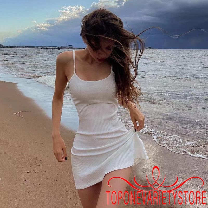 Topone Đầm Hai Dây Hở Lưng Màu Trơn Thời Trang Mùa Hè Cho Nữ