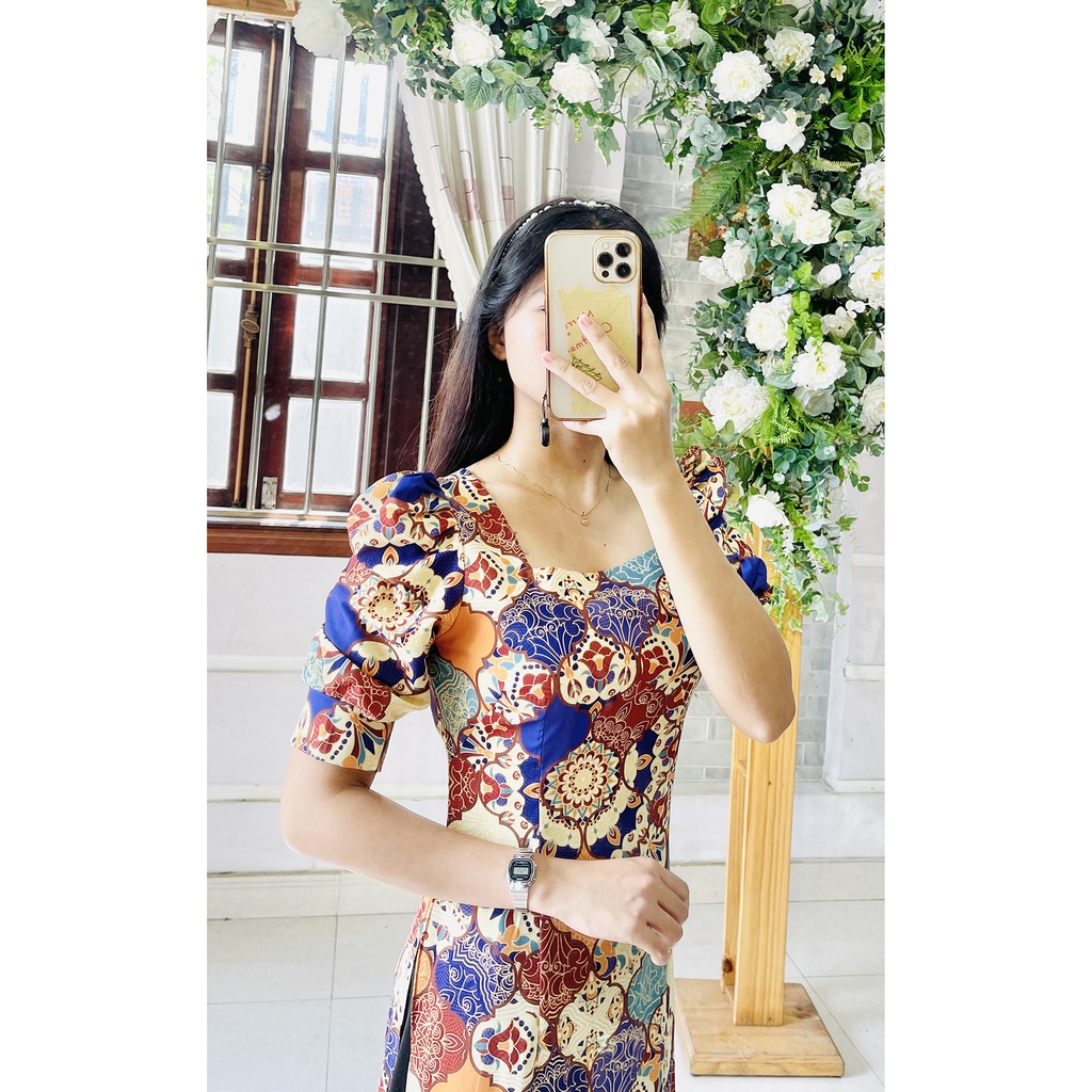 Áo dài cô ba sài gòn tay phồng họa tiết gạch bông retro vintage