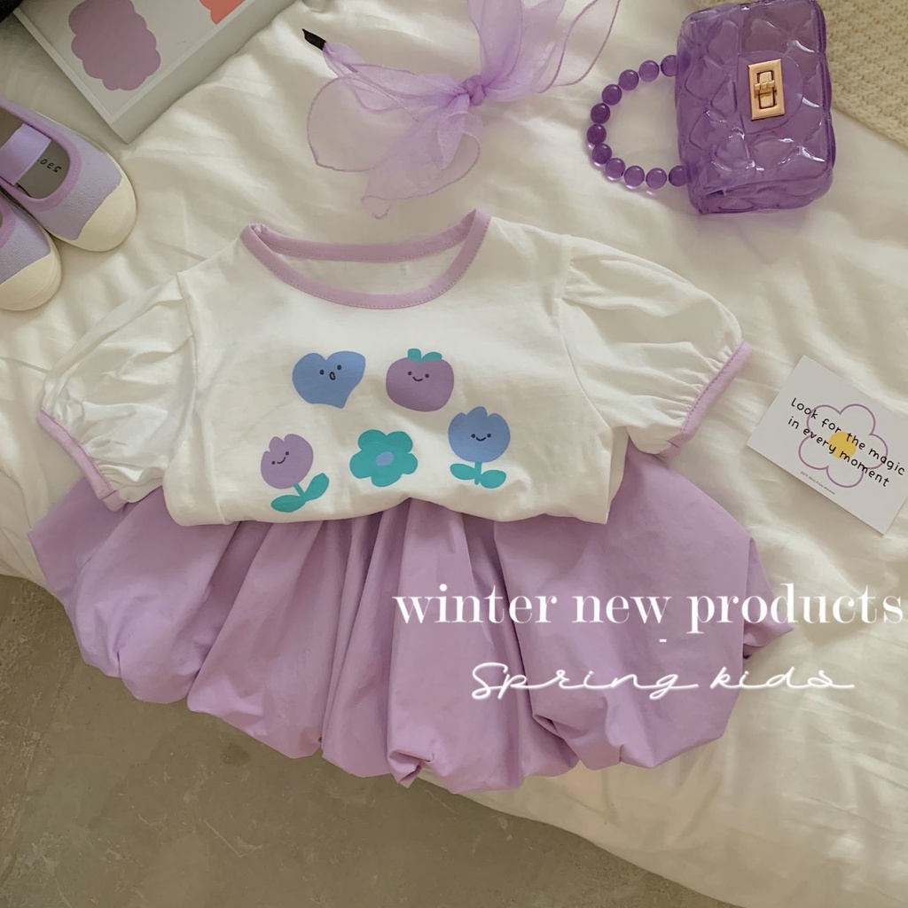 Set Áo Thun Ngắn Tay In Hoa + Quần Short Thời Trang Hè Hàn Quốc Mới Cho Bé Gái