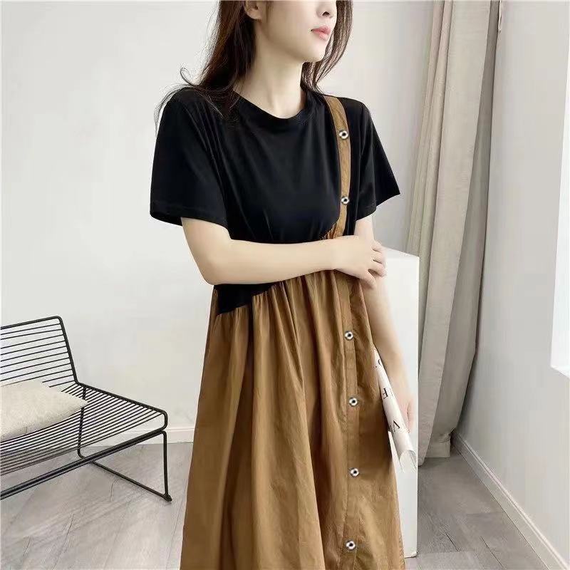 Đầm Chữ a Giả Hai Mảnh Dáng Ôm Tay Ngắn Phong Cách Pháp Thời Trang Cho Nữ