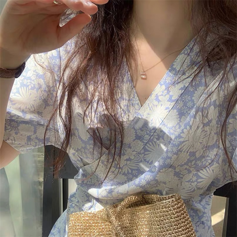 Đầm Hoa Ngắn Tay Cổ Chữ V Xinh Xắn Theo Phong Cách Hàn Quốc 43649