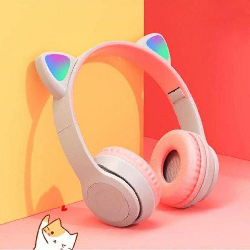 Tai nghe chụp tai bluetooth có mic headphone không dây cute dễ thương tai mèo nghe nhạc Led 7 màu, học online P47