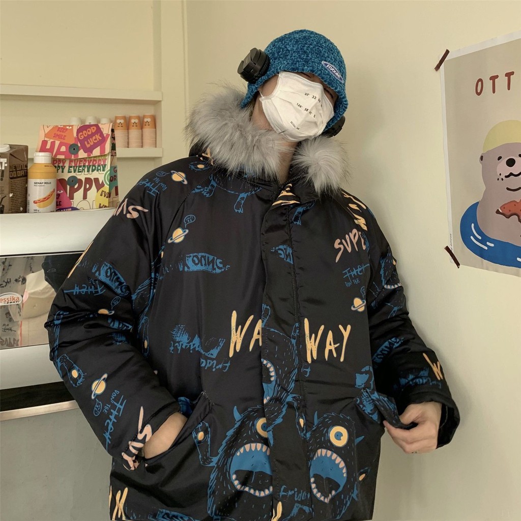 rockmagic couple wear winter clothes brand graffiti loose large size cotton-padded jacket fur collar cotton jacket winter coat men | BigBuy360 - bigbuy360.vn