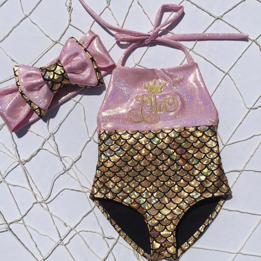 ღ♛ღGirls Kids Mermaid Fancy Bow Sequins Swimmable 2pcs Bikini Set Swimwear Swimsuit