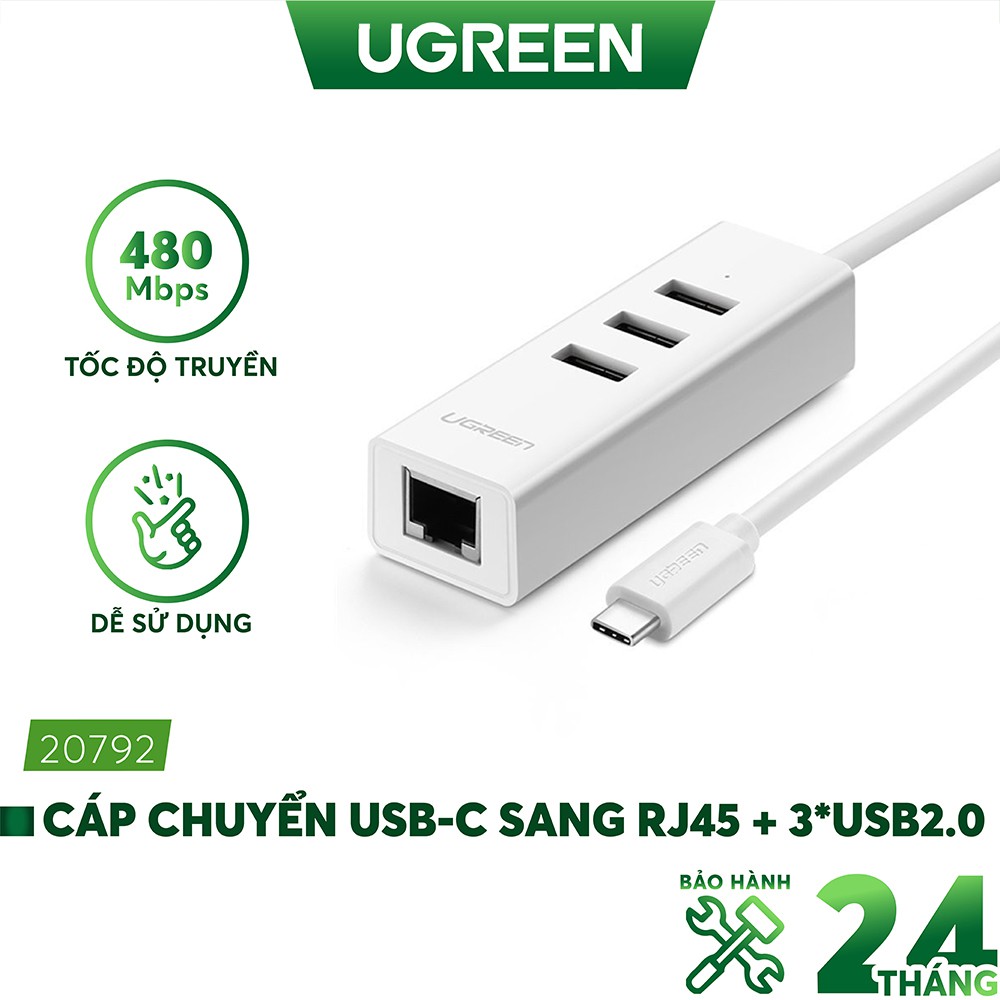 Cáp chuyển đổi USB type C sang Ethernet RJ45 + Hub 3 cổng USB 2.0 dài 30cm Ugreen 20792