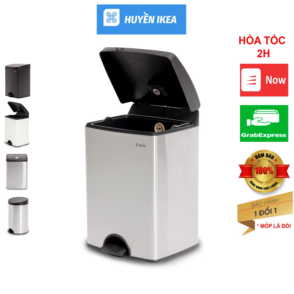 Thùng rác inox đạp chân FITIS giảm chấn chống vân tay Tròn 12L Vuông 15L cho nhà bếp văn phòng