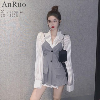 Set Áo Sơ Mi Tay Dài Kẻ Sọc + Chân Váy Lưng Cao Thời Trang Cho Nữ