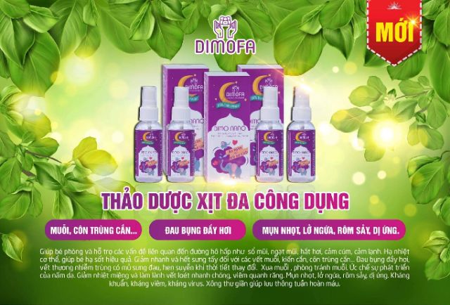 Xịt đa công dụng DIMONANO : hạ sốt nhanh ,k cần phải uống thuốc  .Trị côn trùng cắn ,Dị ứng mẩn ngứa rôm sảy .