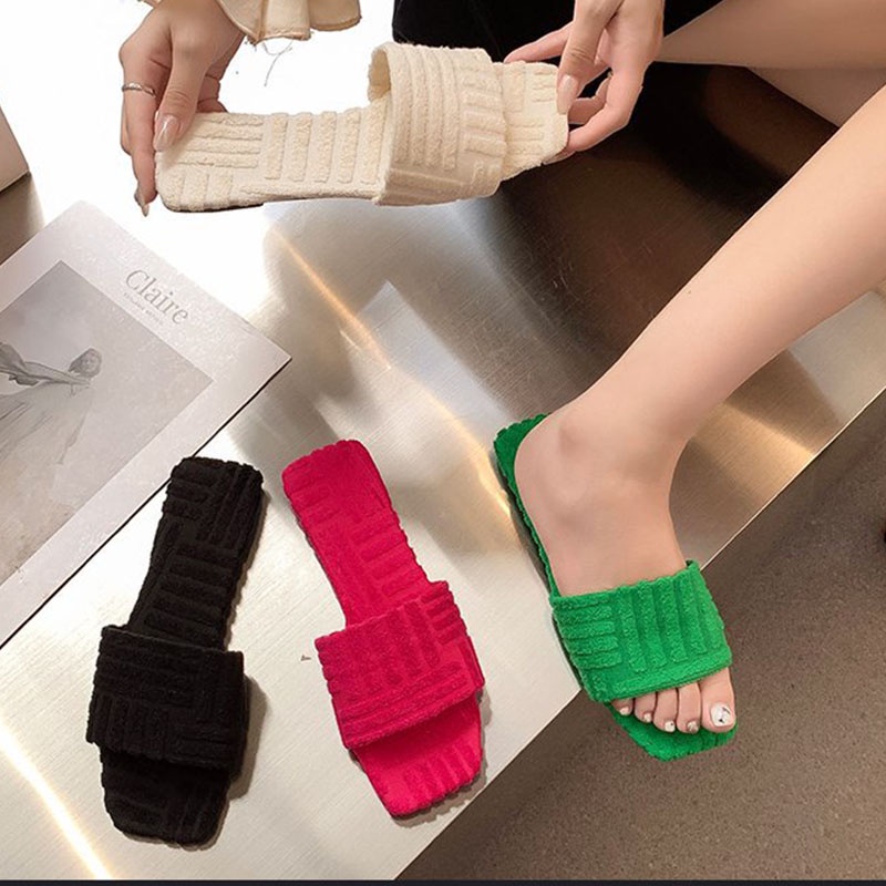 XIELUAIZTA Dép Nữ Mũi Vuông Đế Bằng Màu Sắc Đơn Giản