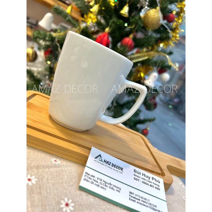 Bộ tách ly cốc sứ uống nước cà phê trà có quai dáng vuông Bát Tràng cao  trắng trơn 390ML C6024 cao cấp thanh lịch