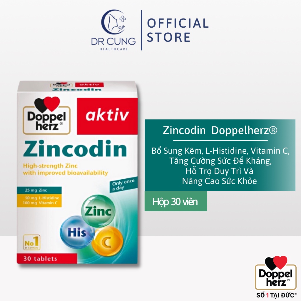 Bác Sĩ Cung Zincodin (Doppelherz) - Tăng Sức Đề Kháng, Tăng Cường Sức Khoẻ, Kẽm, Vitamin C (30 Viên) [Chính Hãng Đức]