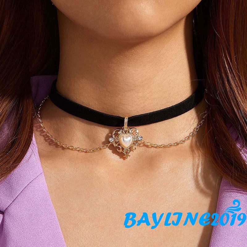 Vòng cổ vải nhung phối mặt hình trái tim mạ vàng đính ngọc trai nhân tạo thời trang cổ điển sang trọng