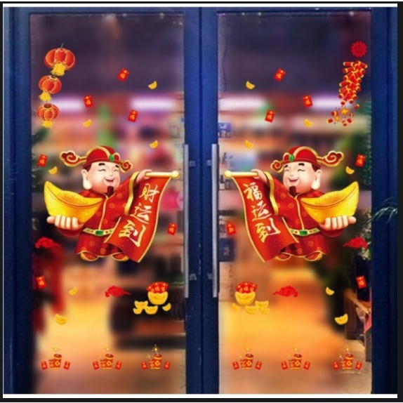 Decal trang trí Tết - 2 ông thần tài cầm 2 cục vàng