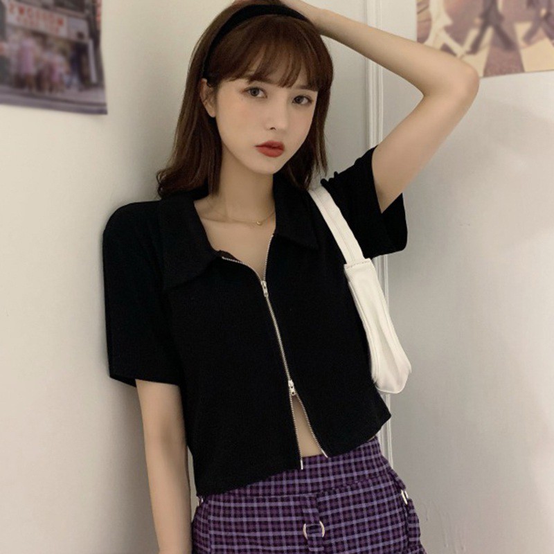 Áo Croptop Ngắn Tay Phối Khóa Kéo Cá Tính Dành Cho Nữ