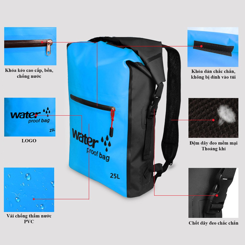 Túi đi biển đi rừng leo núi dã ngoại đi phượt chống nước Water Proof Bag 25L, kiểu dáng balo, chất liệu PVC, siêu bền