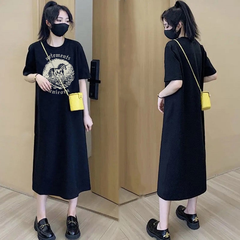 Đầm Thun Dài Qua Gối Tay Ngắn Dáng Rộng Phong Cách Hàn Quốc Thời Trang Mùa Hè Cho Nữ