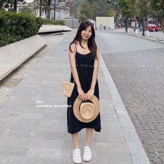 Váy 2 dây, đầm xuông - chất đũi lụa trơn basic nữ