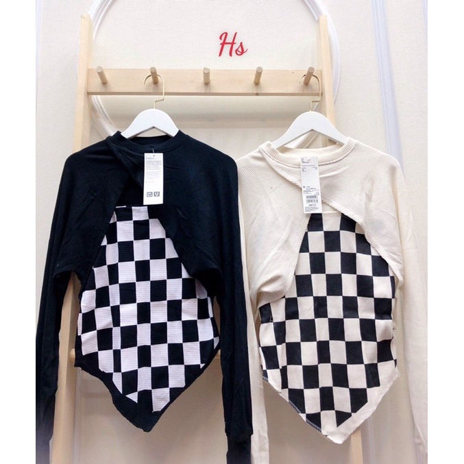 Set croptop 2 món yếm caro + áo croptop trên ngực dài tay nhảy dance