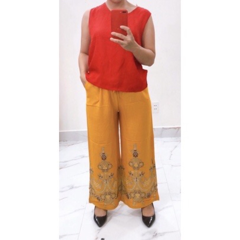 [50-65ky/cao &gt;1m6; size 2]Quần lanh culottes ống suông rộng có túi 2 bên