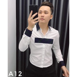 [AS02]Áo sơ mi nam dài tay trắng phối kẻ vải lụa cao cấp ,Áo phối viền ngực (Ảnh thật)