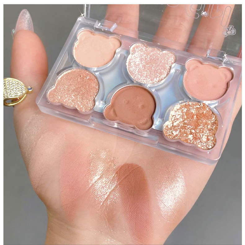 Bảng Phấn Mắt 6 Màu Sắc Tông Lì/Lấp Lánh Chống Thấm Nước Lâu Trôi Trang Điểm Bắt Sáng Hình Gấu Dễ Thương