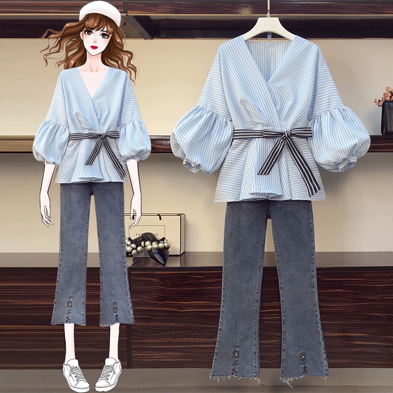 💚ORDER💚🎀FREESHIP🎀 ét Bigsize Áo Kiểu Tay Bồng Thắt Nơ Kèm Quần Jean🌸Hàng Quảng Châu