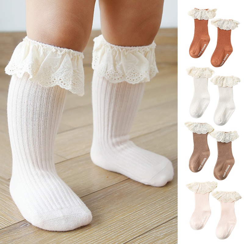 Vớ cotton dài qua gối màu trơn viền bèo nhún chống trượt dành cho bé gái