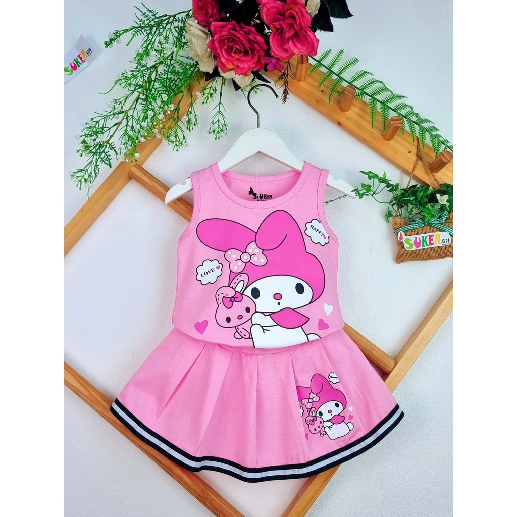 SET VÁY THUN IN THỎ HỒNG DÂU CHO BÉ GÁI